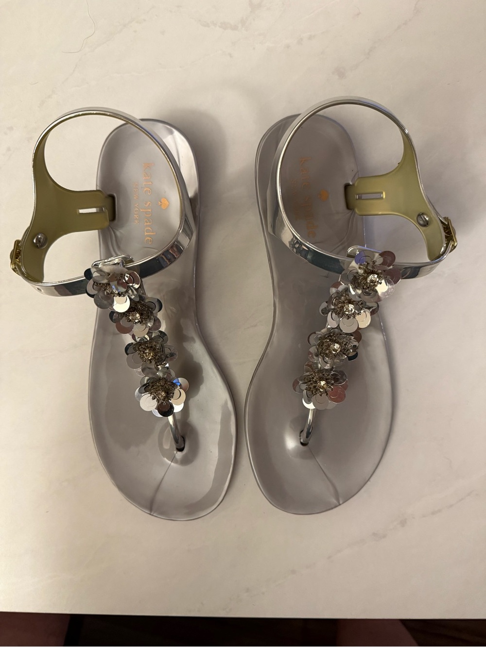 kate spade Silver Floral T-Strap Jelly Sandals with Sequins
